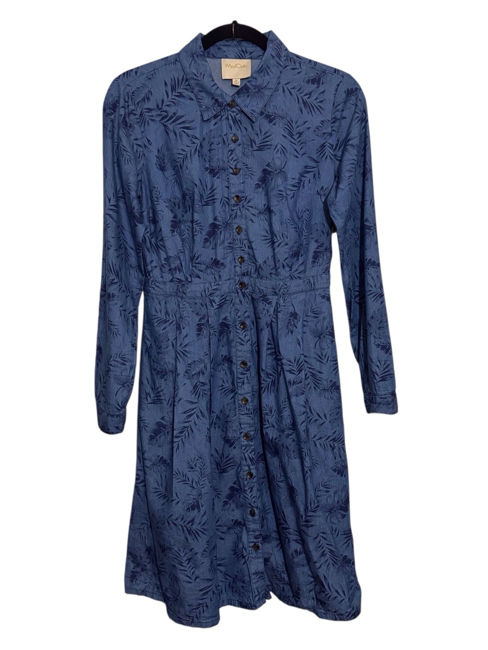 ModCloth Blue Long Sleeve Button-Front Dress with Leaf Print